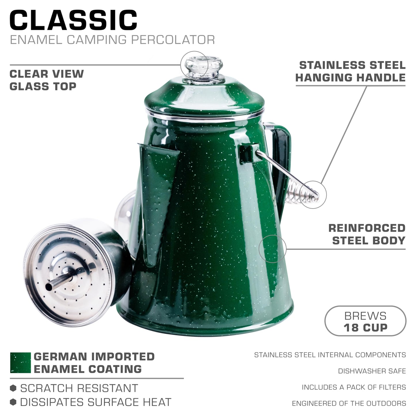 COLETTI Classic Percolator Coffee Pot — Camping Coffee Percolator, Campfire Coffee Pot – Camping Percolator for Groups — Brew for the Whole Campsite (Green, 12 Cup)