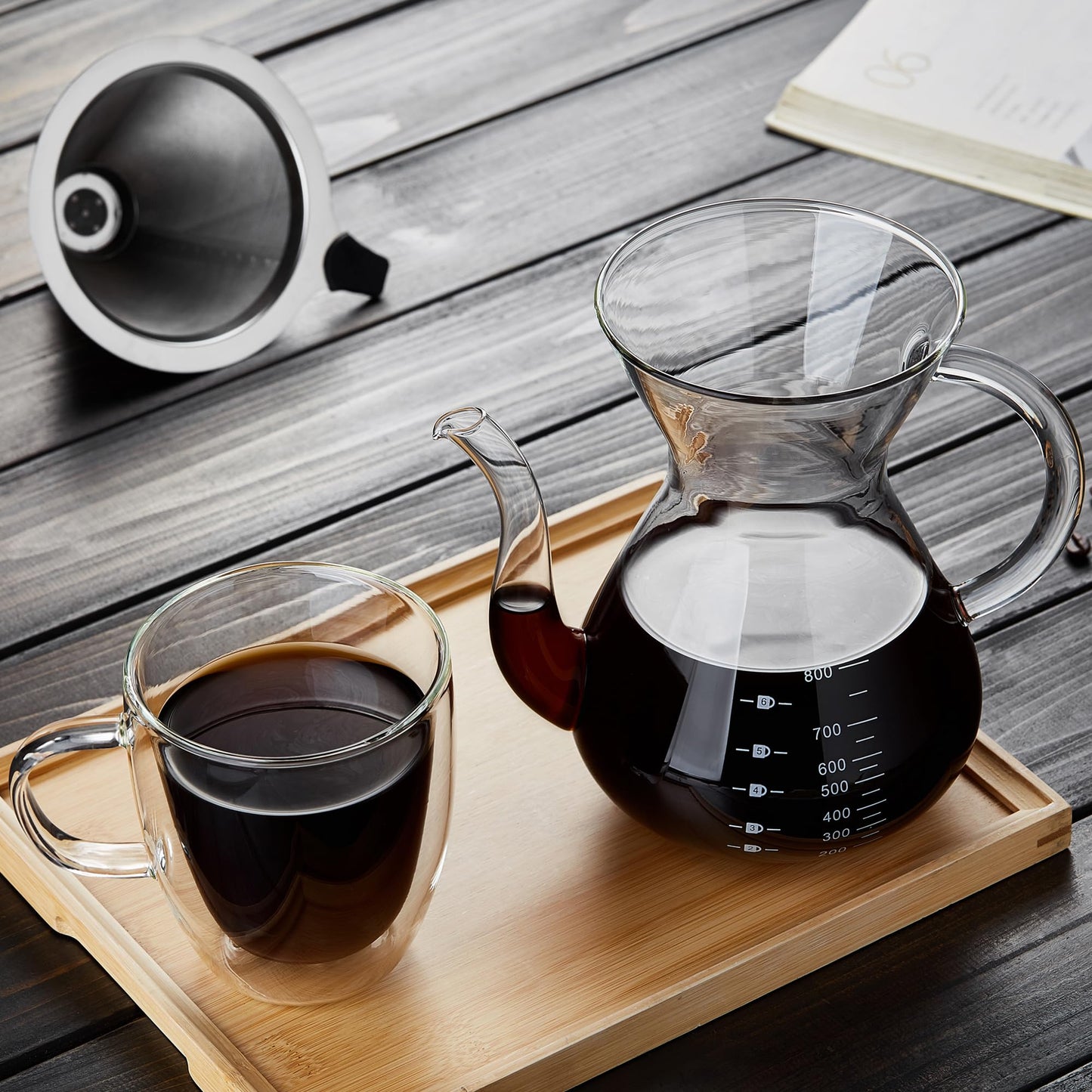 Unbreakable - Pour Over Coffee Maker with Double Stainless Filter 34 fl oz, Thickened Heat-Resistant Borosilicate Glass Pour Over Coffee Dripper, Stovetop Safe