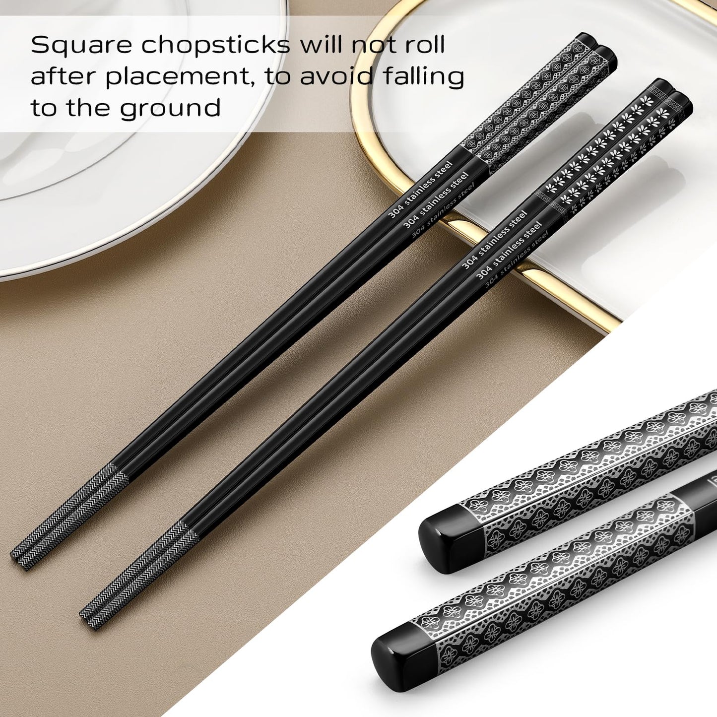 8 Pairs Metal Chopsticks Reusable Black Stainless Steel Chopsticks Set Laser Engraved Non-slip Japanese Korean Chinese Chopstick for Cooking Eating Dishwasher Safe 9.25" Chop Sticks Gift Set