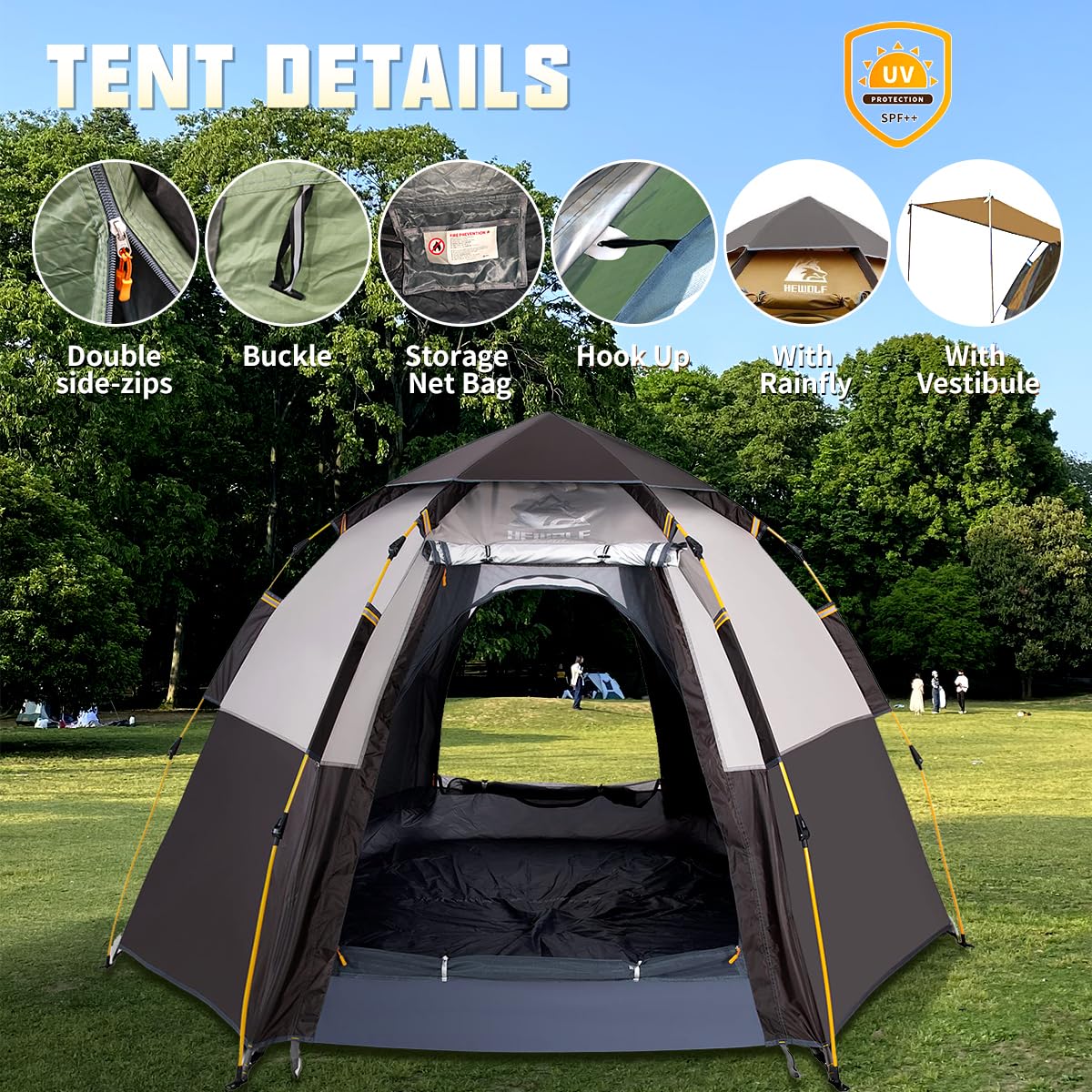 Hewolf 2/3/4 Person Camping Tent - Instant Pop Up Waterproof 2 Doors Tent with Easy Setup | 3-Season Hexagonal Dome Design for Family, Hiking & Traveling