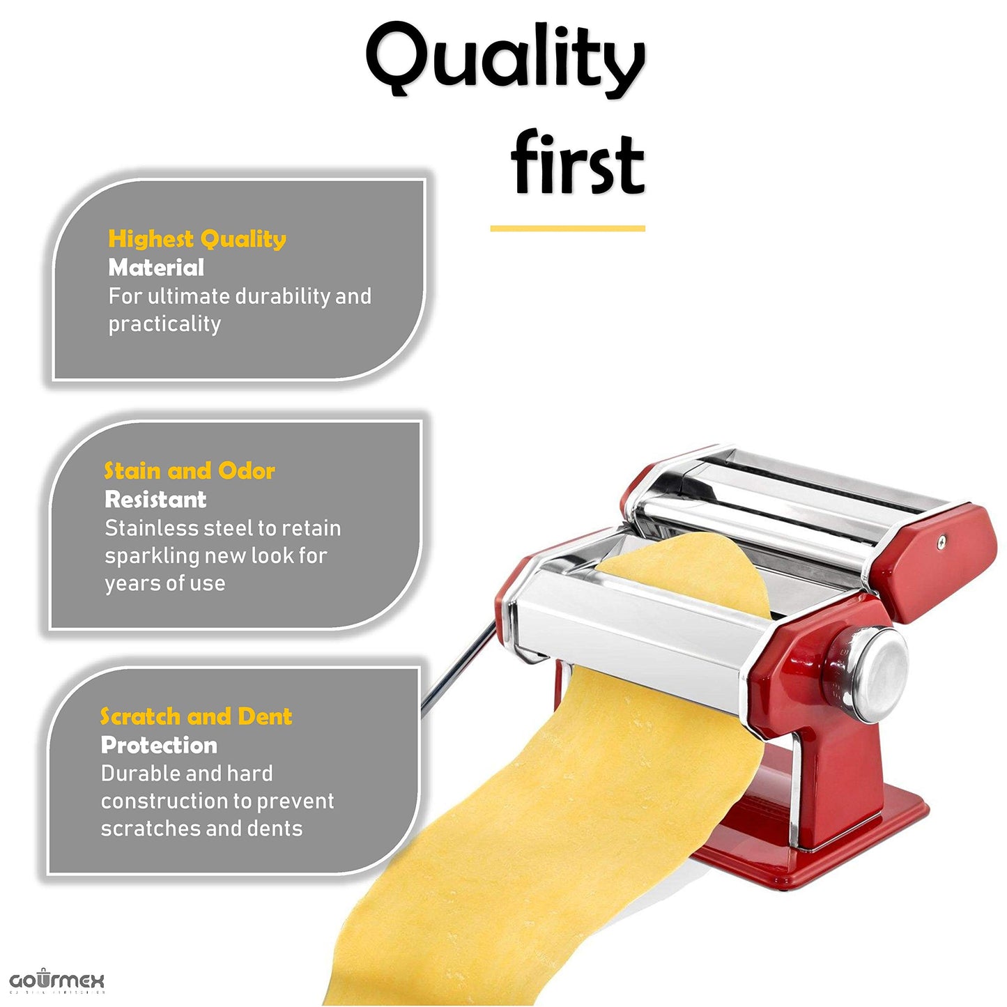 GOURMEX Stainless Steel Manual Pasta Maker Machine | With Adjustable Thickness Settings | Perfect for Professional Homemade Spaghetti and Fettuccini | Includes Removable Handle and Clamp (Red)