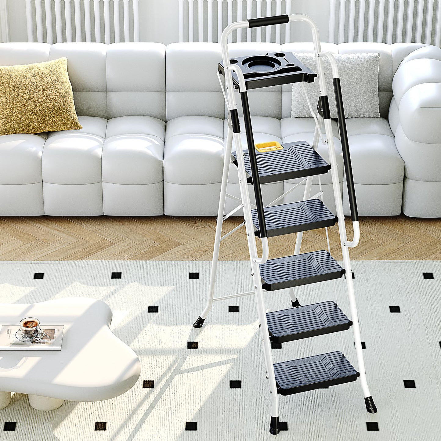 KINGRACK 4 Step Folding Ladder, 800lbs Capacity Step Stool with Safety Lock, Non-Skid Wide Pedals, and Handrail, Lightweight, Household Ladder for Home, Kitchen, Pantry, Closets, and Office Use, White