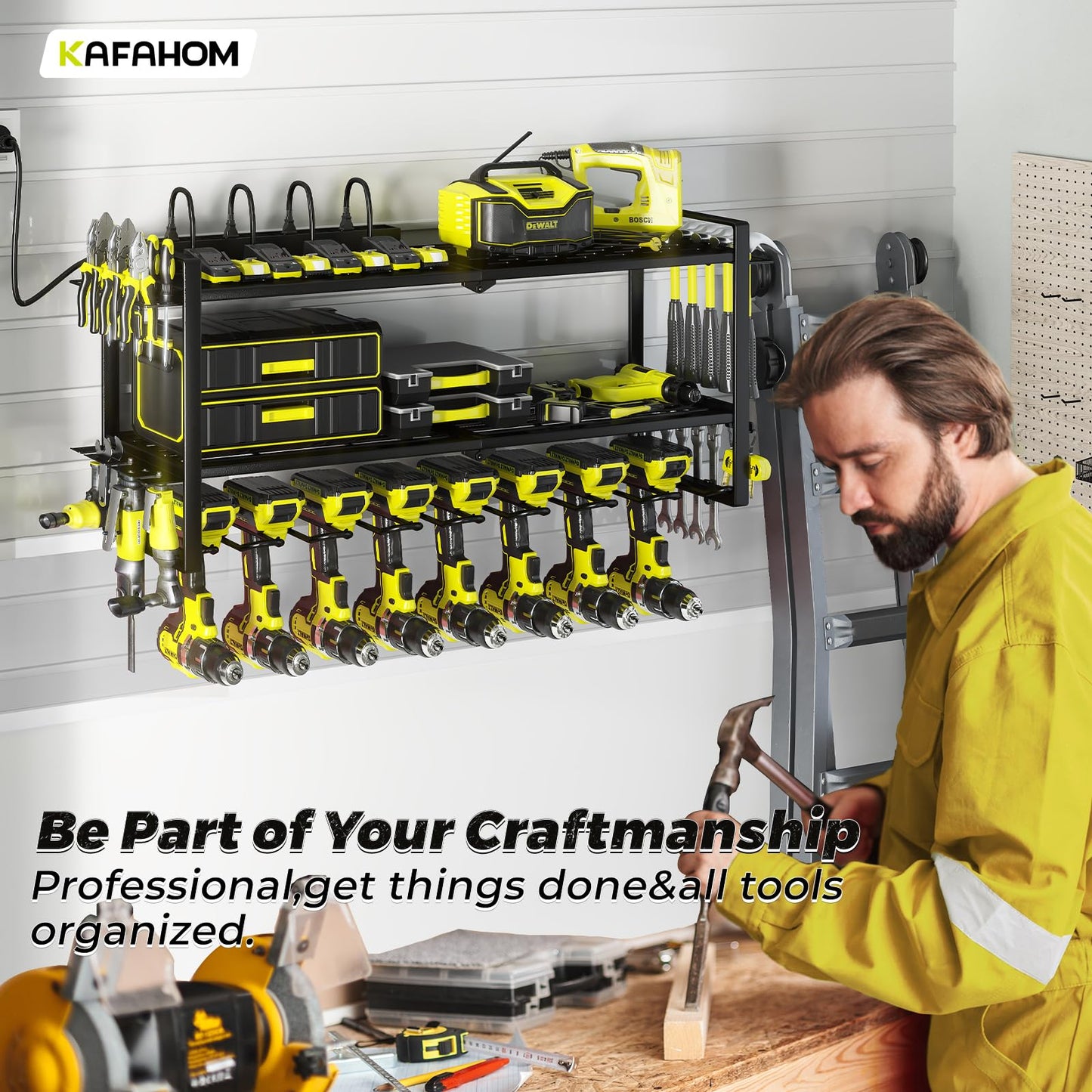 KAFAHOM Power Tool Organizer with Charging Station.Garage 8 Drill Holder Built in 8 Outlets Power Strip,Tool Storage Shelf Wall Mount,Tool Battery Organizer with Screwdriver/Hammer/Air Tool Rack