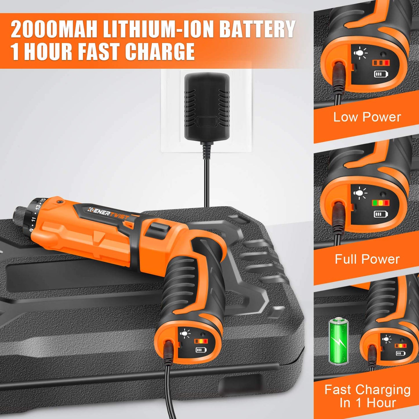 ENERTWIST Cordless Screwdriver, 8V Max 10Nm Electric Screwdriver Rechargeable Set with 82 Accessory Kit and Charger in Carrying Case, 21+1 Cluth, Dual Position Handle, LED Light, ET-CS-8