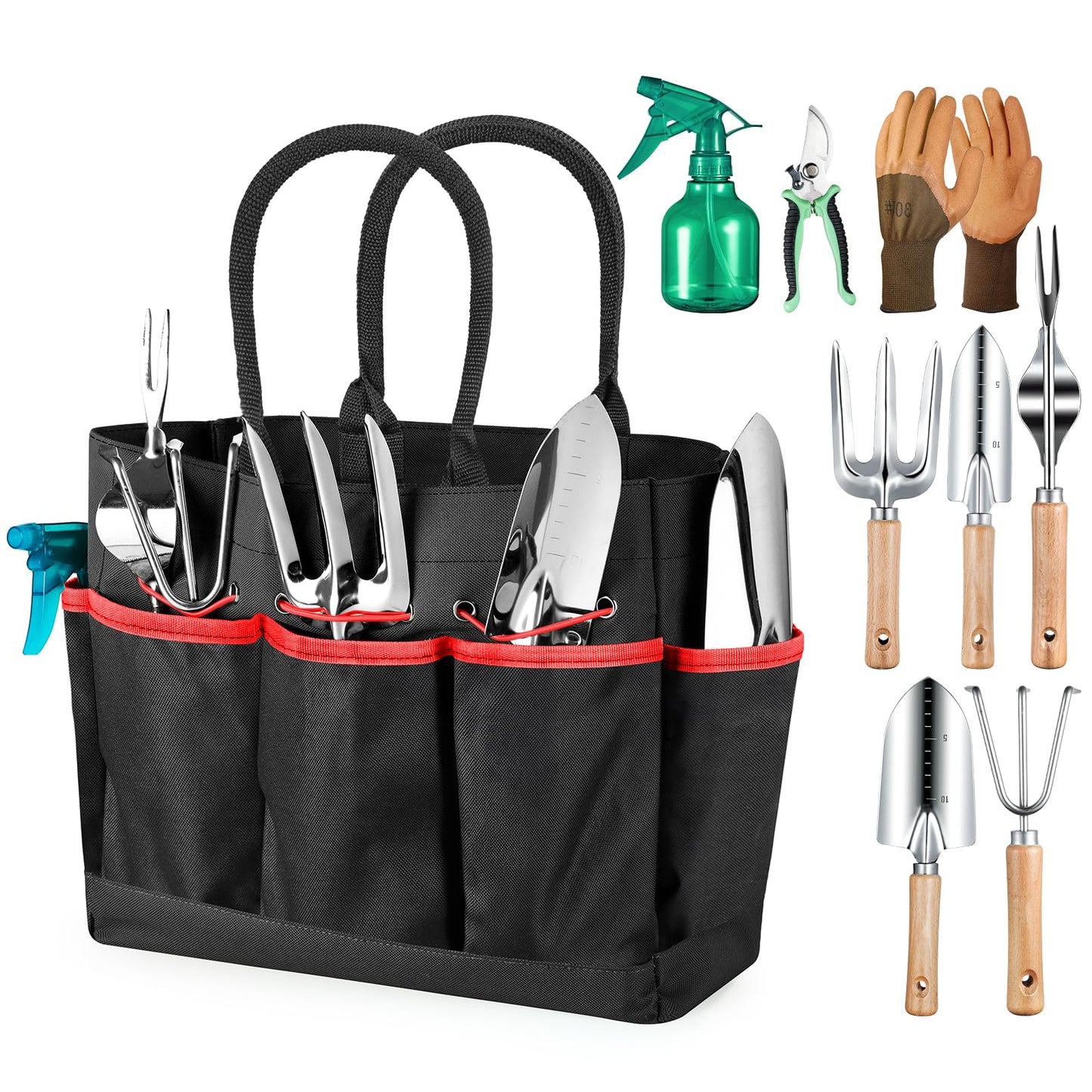 Gardening Tools 9-Piece Heavy Duty Gardening Hand Tools with Fashion and Durable Garden Tools Organizer Handbag,Rust-Proof Garden Tool Set, Ideal Gardening Gifts for Women