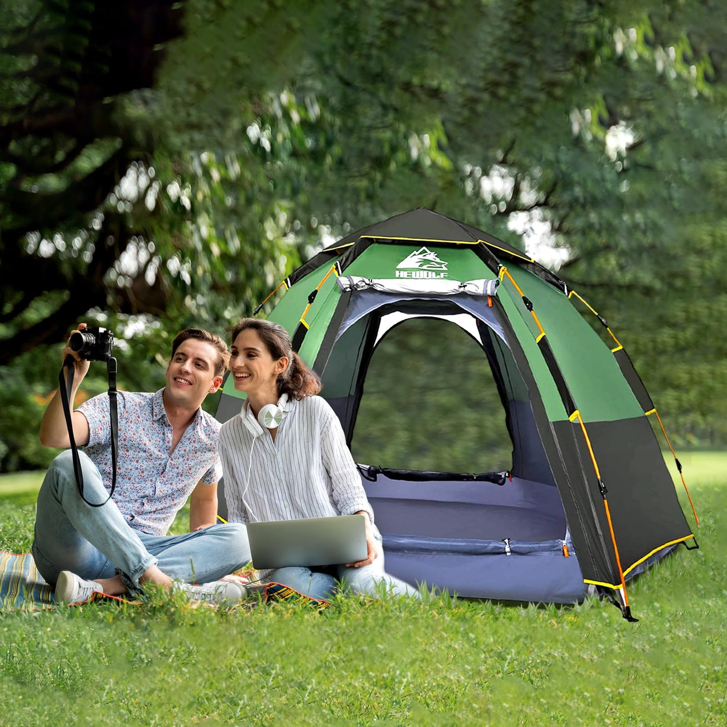 Hewolf 2/3/4 Person Camping Tent - Instant Pop Up Waterproof 2 Doors Tent with Easy Setup | 3-Season Hexagonal Dome Design for Family, Hiking & Traveling