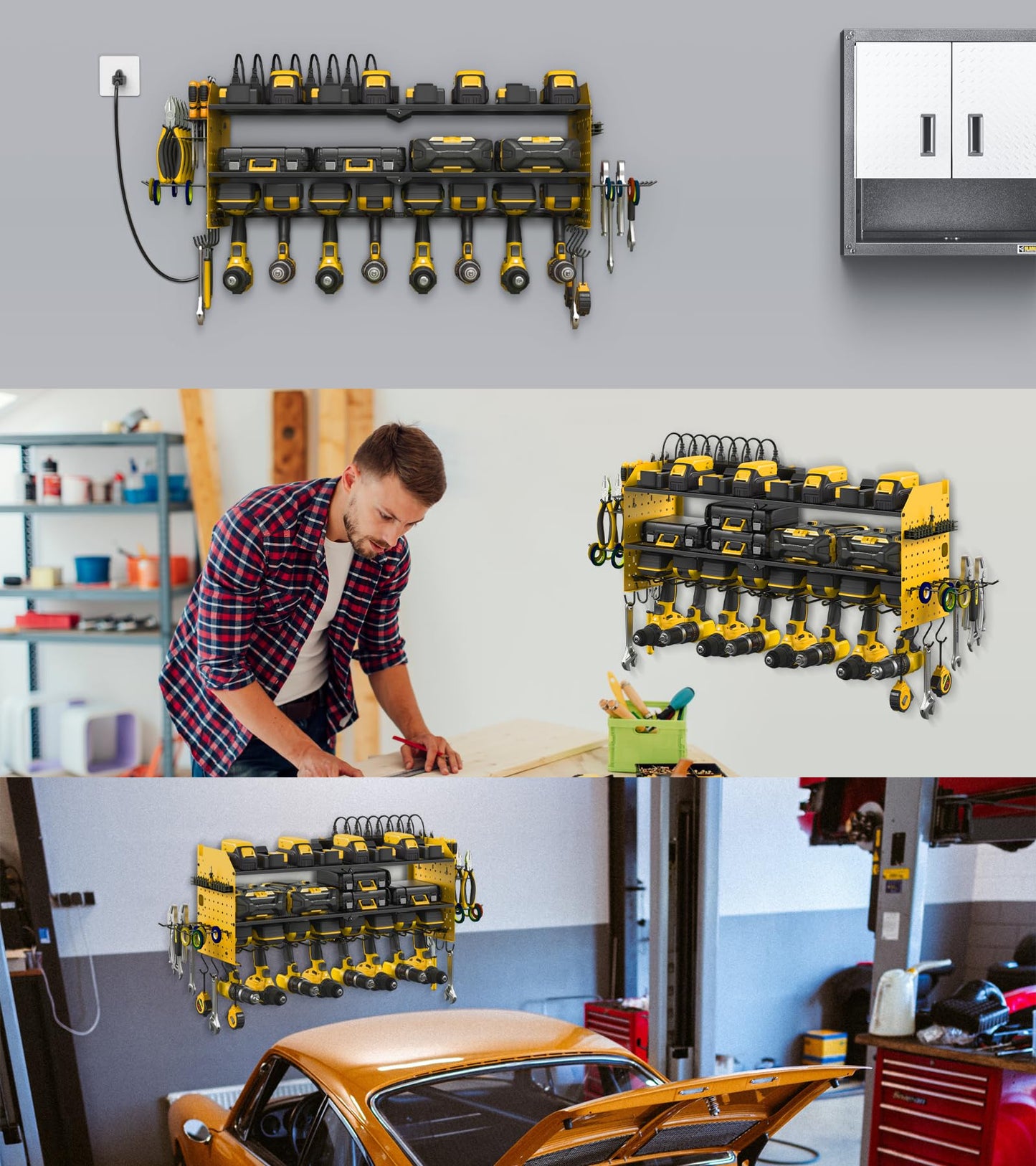 JUNNUJ Large Pegboard Power Tool Organizer with Charging Station, 8 Drills Driver and Tools Battery Holder Wall Mount with 8 Outlet Power Strip, Black 3-Layer Shop Garage Storage Utility Rack