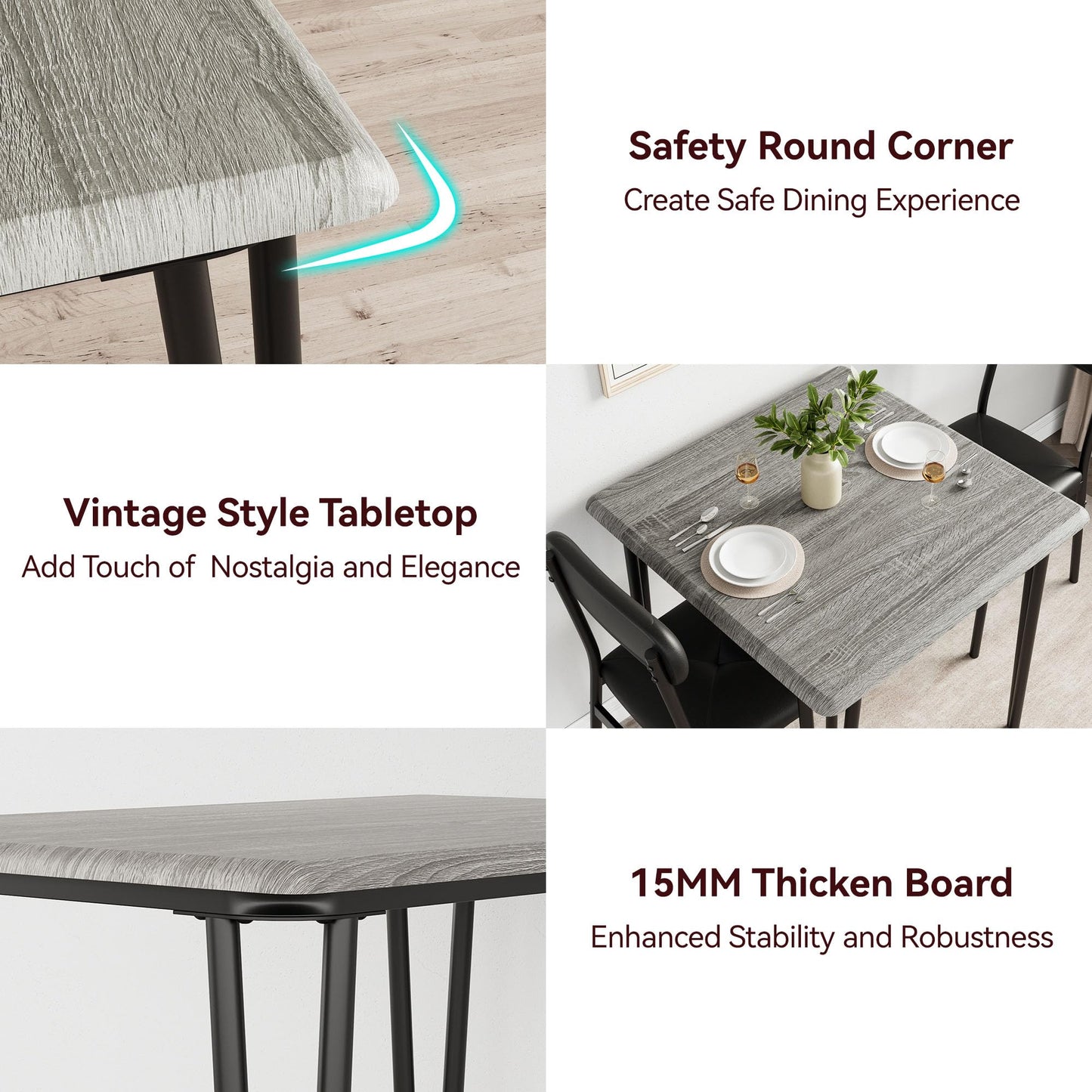 IDEALHOUSE Dining Table for 2-Small Square Kitchen Dining Dinner Room Tables Set,Space Saving Wood Modern Dinette Accent Furniture for Breakfast Nook, (Dark, Table with 2 Upholstered Chairs)