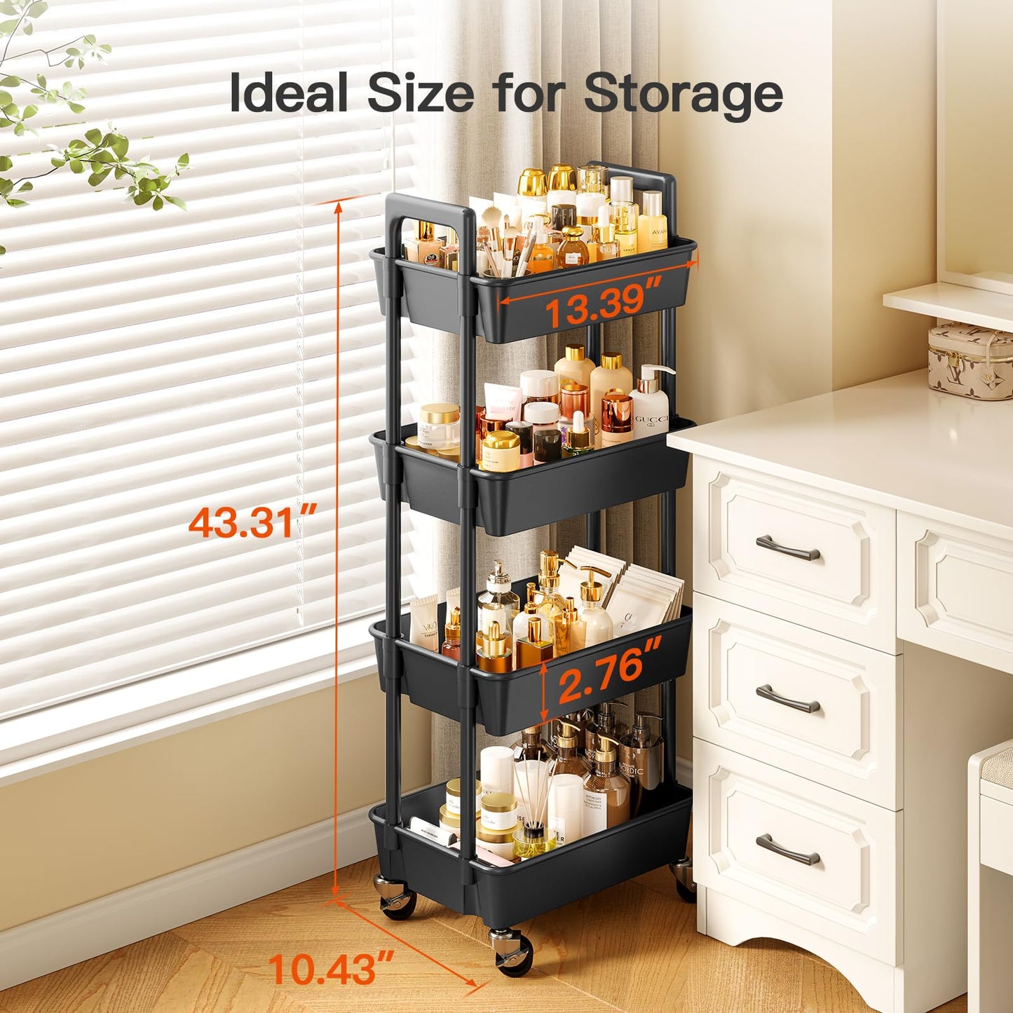 Pipishell 3 Tier Rolling Cart Organizer, Plastic Rolling Cart with Lockable Wheels & Reinforced Handle, Lightweight Utility Cart Storage Cart for Nursery, Kitchen, Bathroom, Craft Room, White, PIUC14W