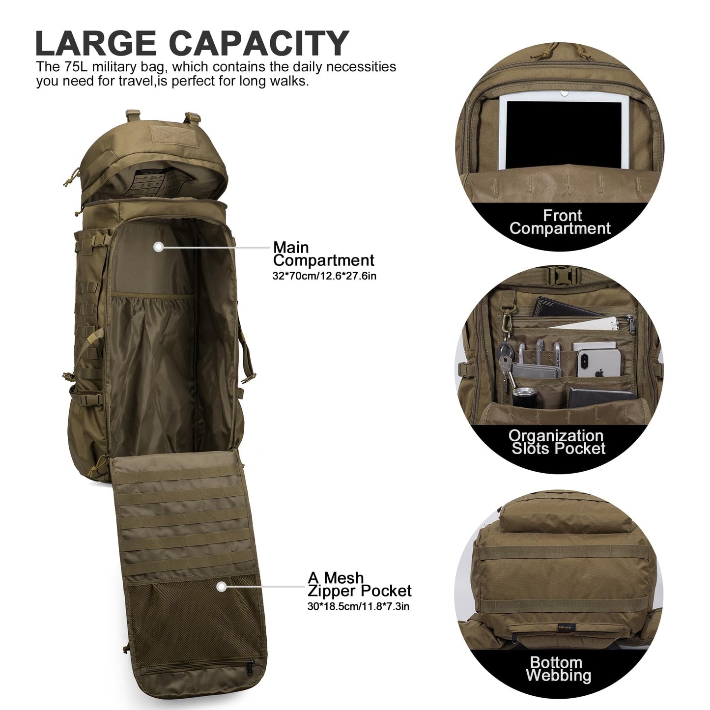 Mardingtop 75L Molle Hiking Internal Frame Backpacks with Rain Cover for Camping,Backpacking,Travelling