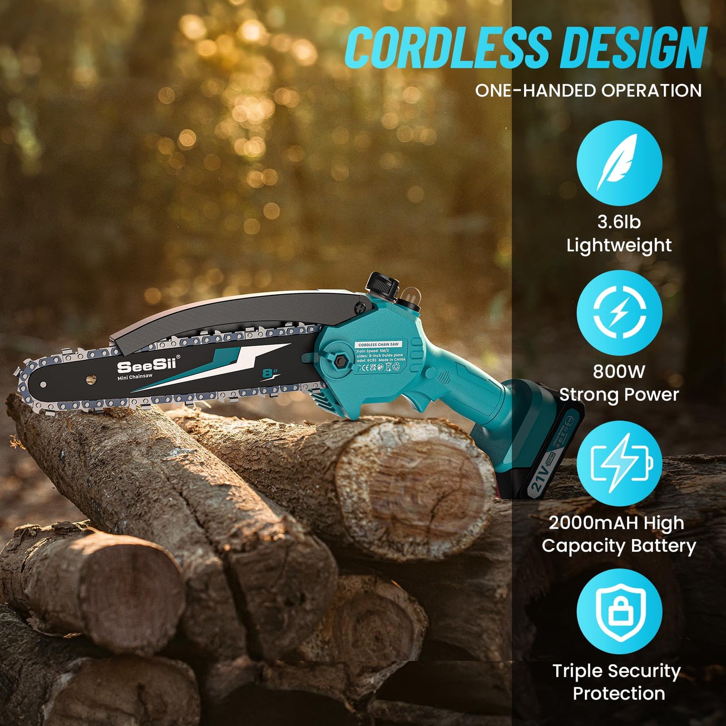 Seesii Mini Chainsaw, 6-inch Mini Chainsaw Cordless, Handheld Electric Power Chain Saw with 2 Batteries, for Tree Trimming Wood Cutting, Best Gifts for Father, Dad, Husband, Men