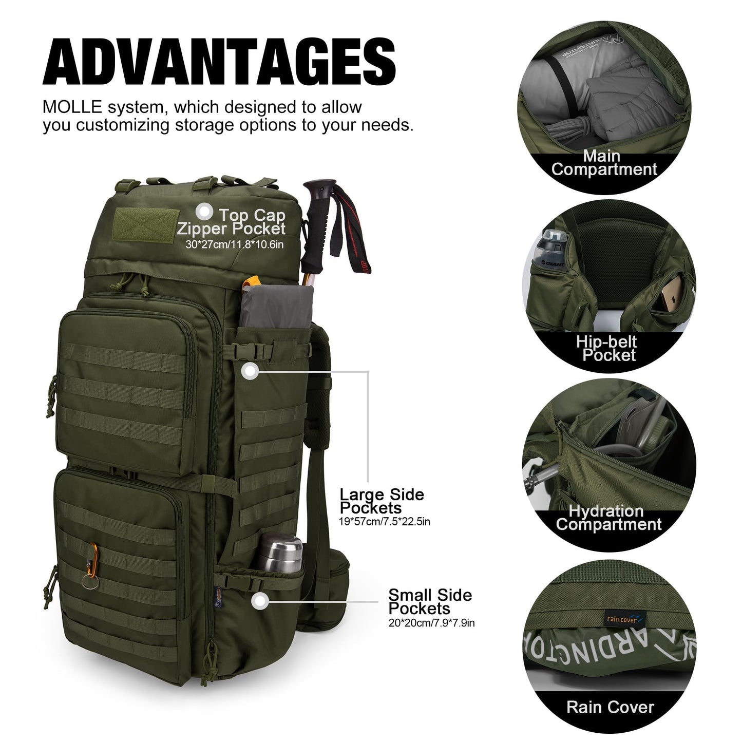 Mardingtop 75L Molle Hiking Internal Frame Backpacks with Rain Cover for Camping,Backpacking,Travelling