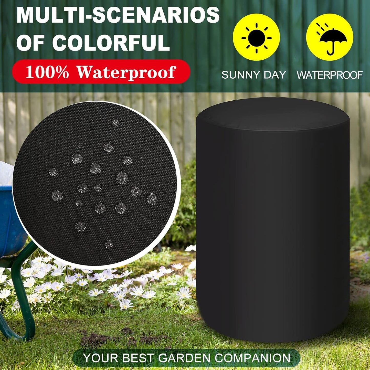 55 Gallon Rain Barrel Cover 420D Water Storage Barrel Cover Oxford Cloth 25 x 37 Inch Outdoor Waterproof Rain Snow Bucket Cover with Drawstring, UV Protection, Anti Dust (Black)