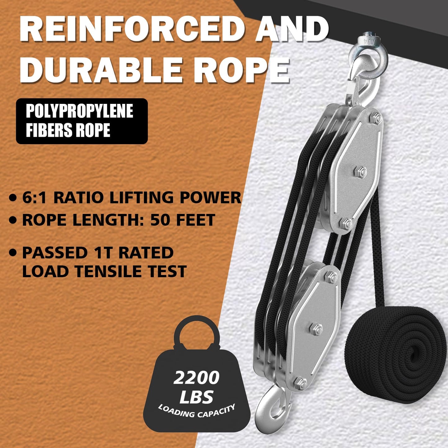 Rope Hoist Pulley System, 4400LB Pulley Block and Tackle, 8:1 Ratio Lifting Power 65ft, Heavy Duty Pulley Block for Lifting Pulling (with 2PCs Straps)
