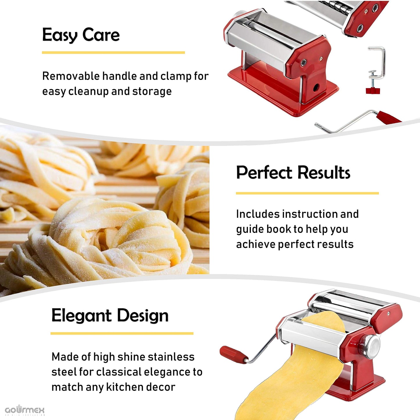 GOURMEX Stainless Steel Manual Pasta Maker Machine | With Adjustable Thickness Settings | Perfect for Professional Homemade Spaghetti and Fettuccini | Includes Removable Handle and Clamp (Red)