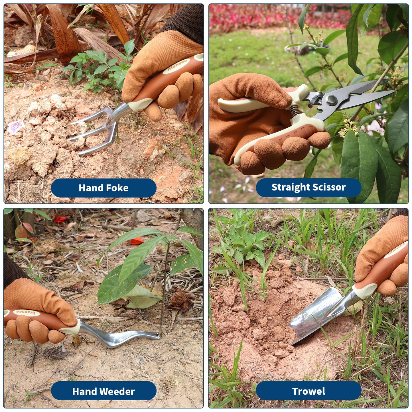 Brown Gardening Tools Set 12-Piece, Heavy Duty Garden Hand Tool Kit with Non-Slip Ergonomic Handle, Storage Tote Bag, Garden Apron, Gloves and Kneeling Pad, Gardening Gifts for Women Men Plant Lover