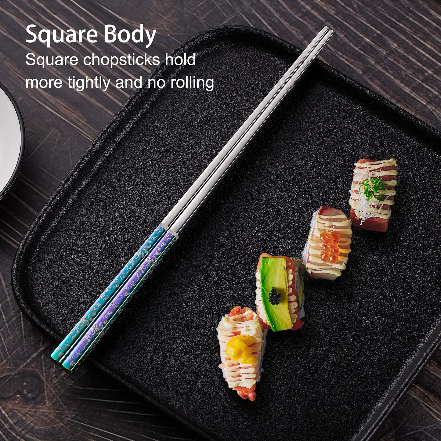 Titanium Plated Chopstick Stainless Steel Chopsticks Metal Chopsticks Reusable Dishwasher safe Premium Laser Engraved Chop Sticks for Eating 2 Pairs Gift Set Blue Silver