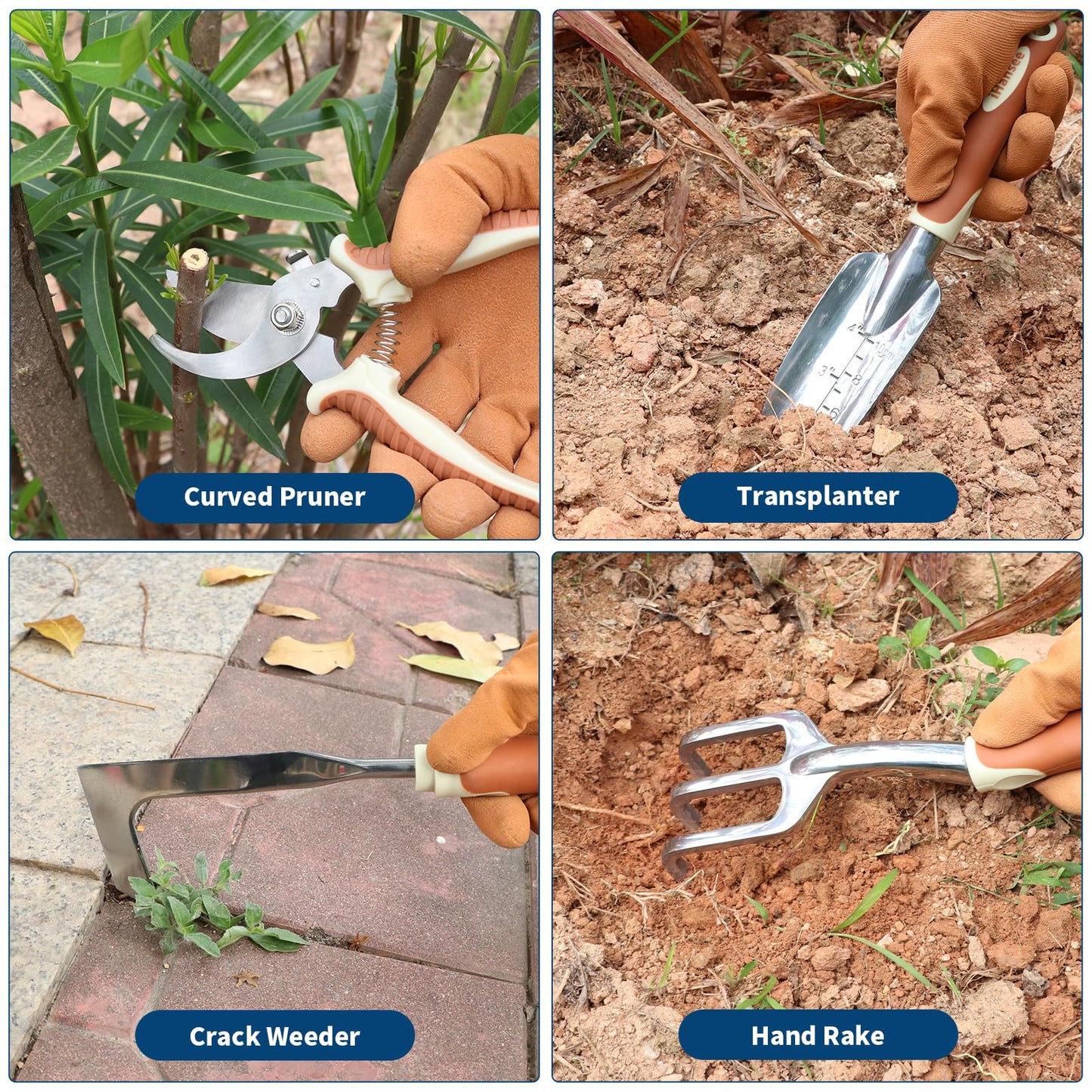 Brown Gardening Tools Set 12-Piece, Heavy Duty Garden Hand Tool Kit with Non-Slip Ergonomic Handle, Storage Tote Bag, Garden Apron, Gloves and Kneeling Pad, Gardening Gifts for Women Men Plant Lover