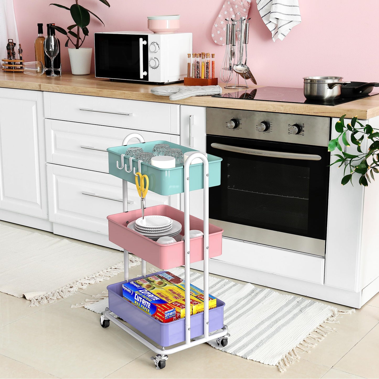 Simple Houseware 3-Tier Heavy Duty Metal Utility Rolling Cart, White