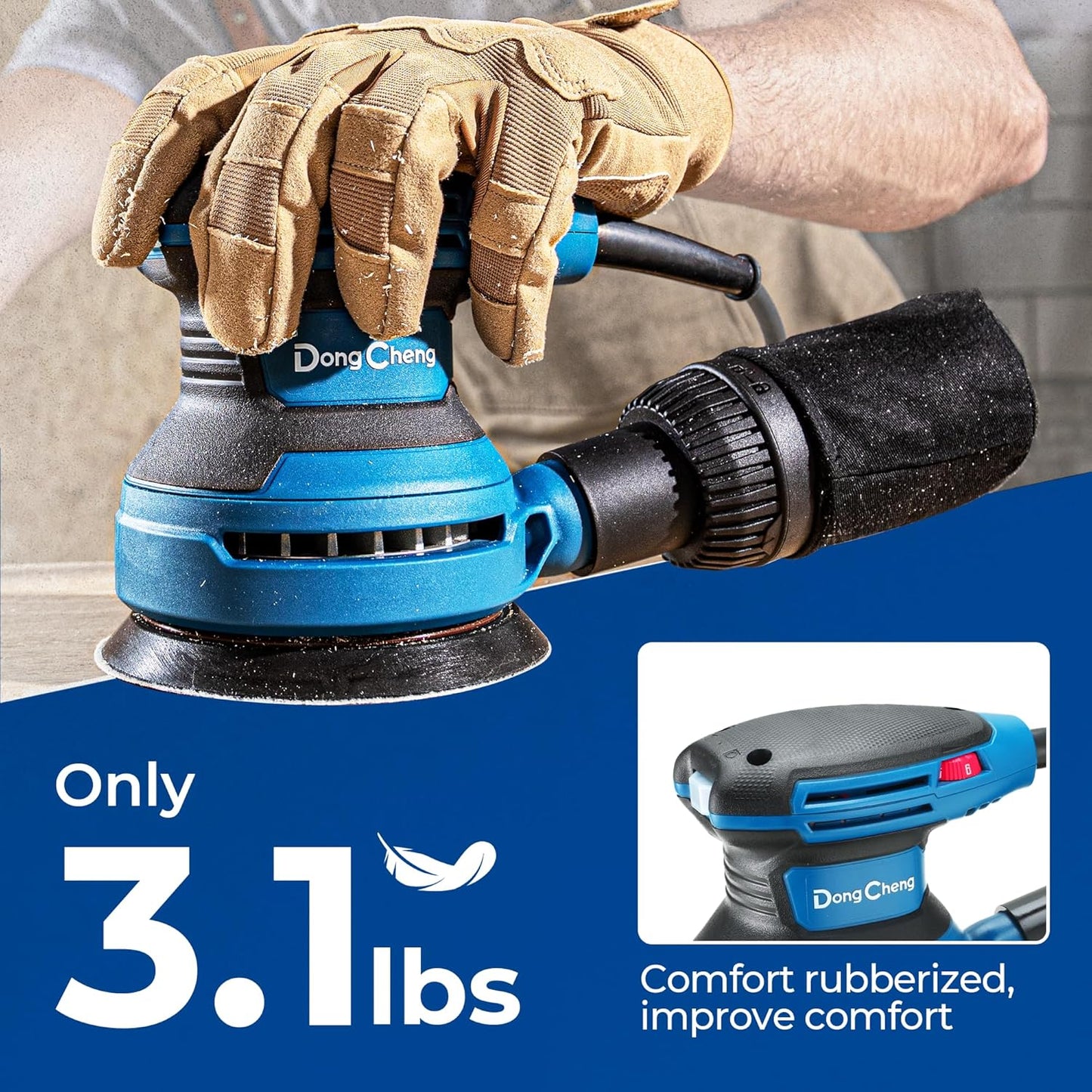Dong Cheng 5-Inch Random Orbital Sander 3.2A 12800OPM Electric Palm Sander, 6 Variable Speeds, with 20pcs Sandpaper & Detachable Dust Bag, Power Sander for Woodworking, Sanding & Polishing