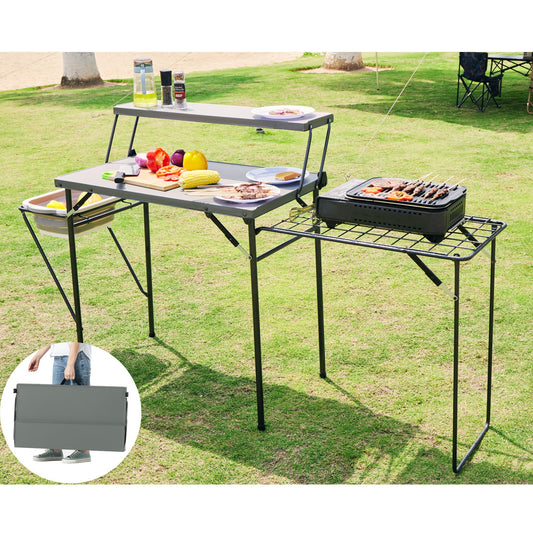Maarch Folding Grill Tables for Outside Camping, Lightweight Kitchen Camping Table with Grill Stand for Stove, Grey